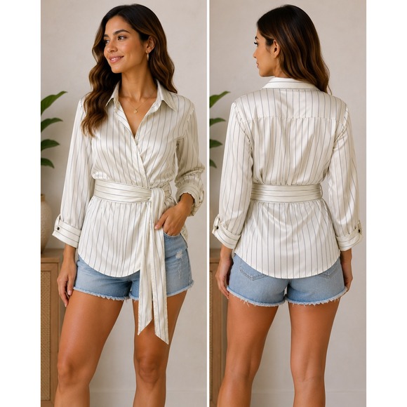 Zara Basic Tops - Zara Basic Womens Kimono Cream Pinstripe Satin Wrap Blouse Tie Waist Size M